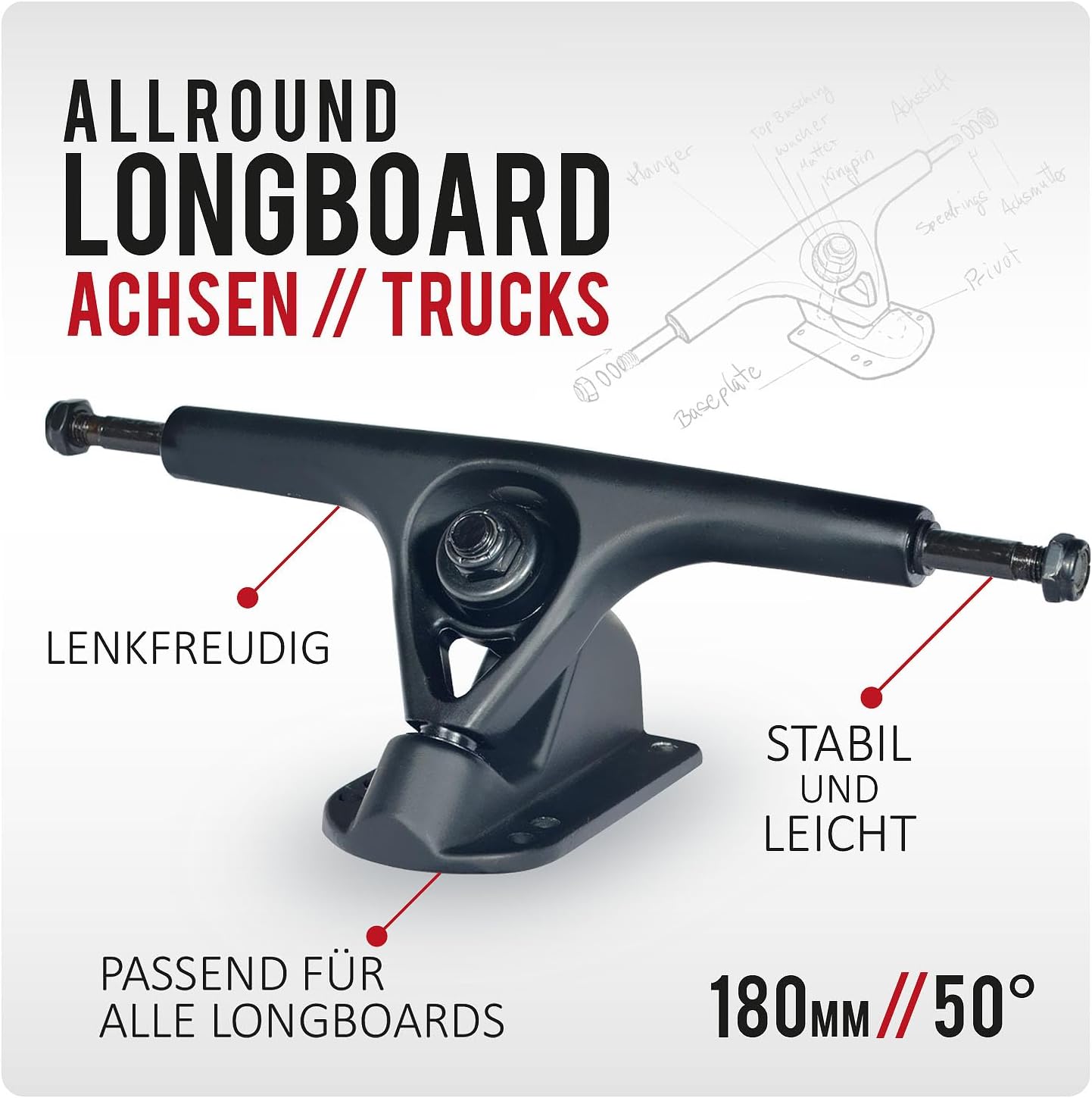 Trucks Longboard JUCKER HAWAII 180mm (Noir Mat, Paire) 2 Trucks Longboard JUCKER HAWAII 180mm (Noir Mat, Paire) – Image 2